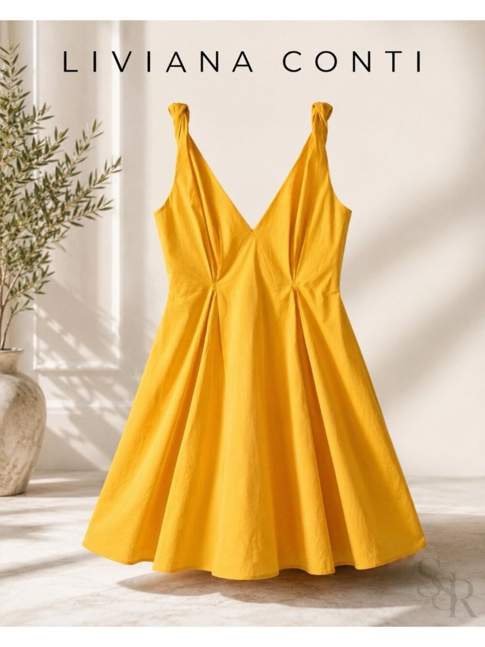 Liviana Conti Italy 40 Marigold Yellow Cotton Fit Flare Mini Dress V Neck US S